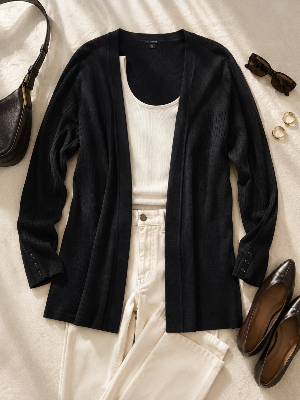 Talbots Black Longline Cardigan XL Cotton Modal Open Front Duster